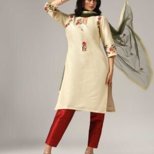 Creme Raw Silk Kurti with Pants & Dupatta