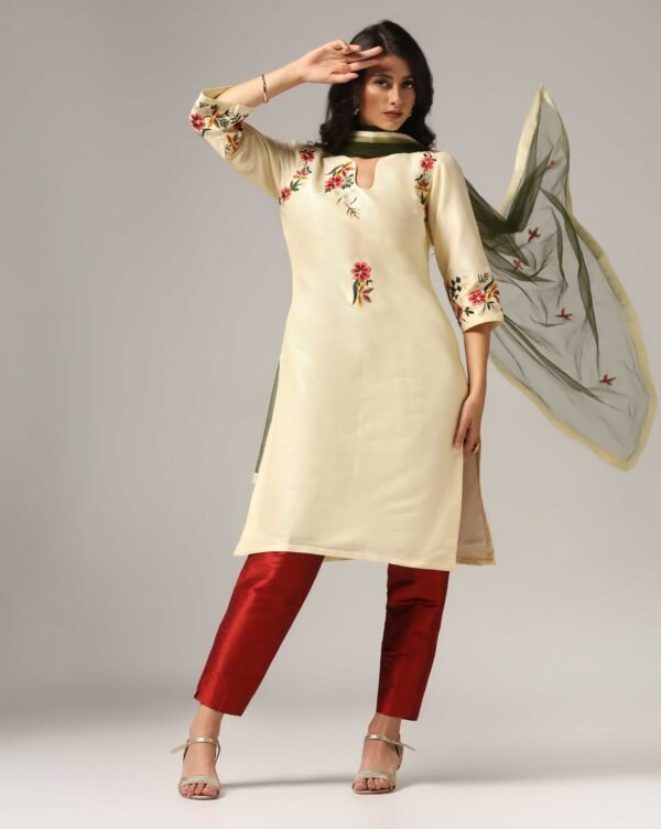 Creme Raw Silk Kurti with Pants & Dupatta