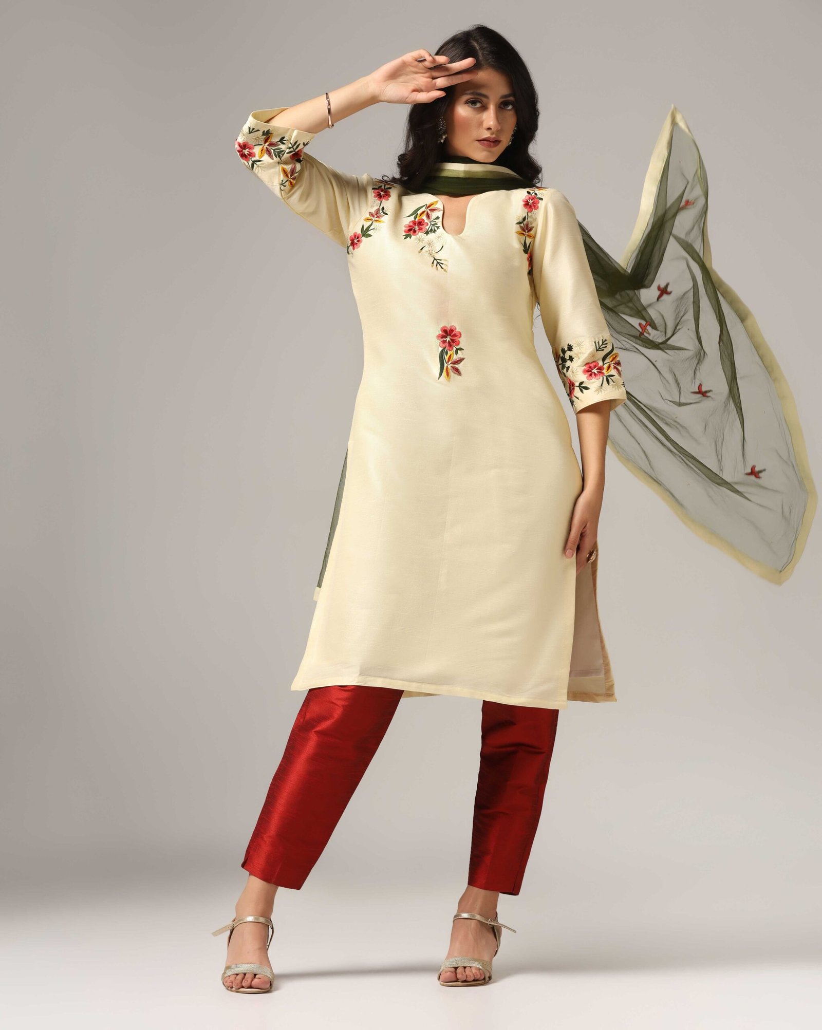 Creme Raw Silk Kurti with Pants & Dupatta