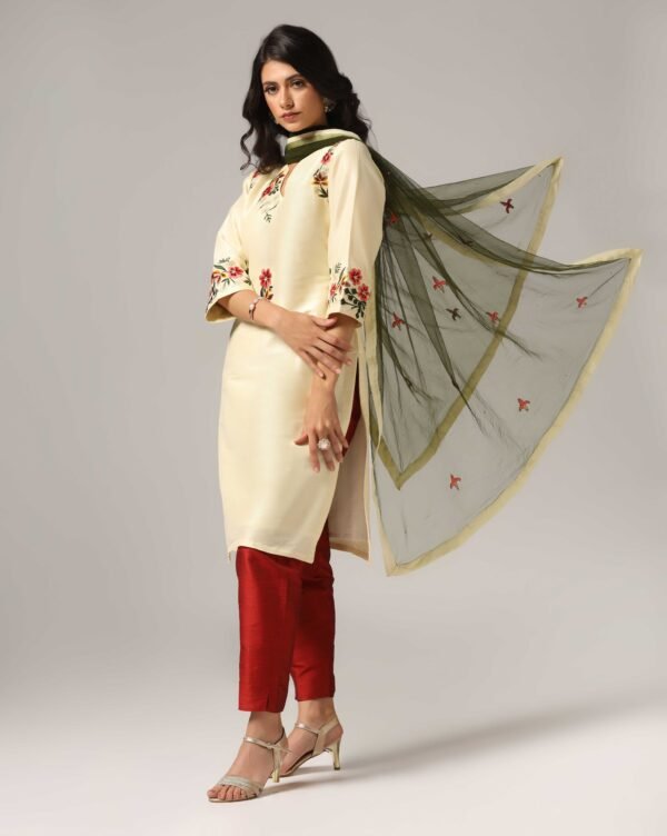 Creme Raw Silk Kurti with Pants & Dupatta - Image 4