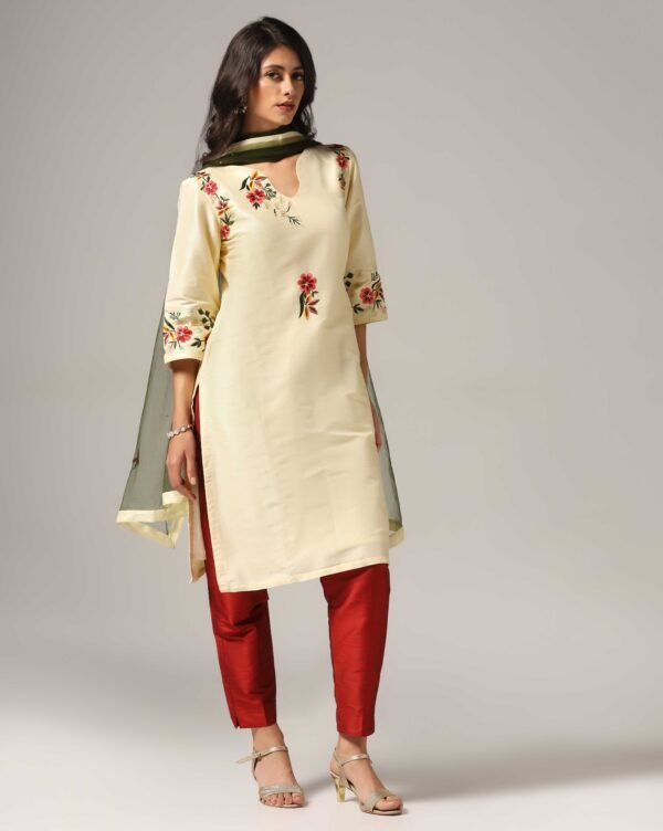 Creme Raw Silk Kurti with Pants & Dupatta - Image 5
