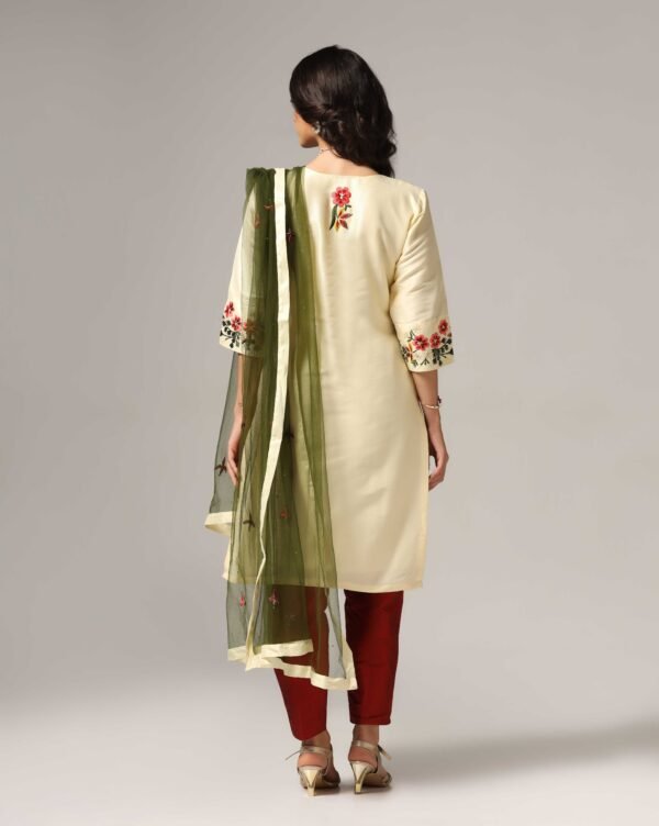 Creme Raw Silk Kurti with Pants & Dupatta - Image 6