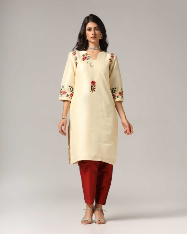 Creme Raw Silk Kurti with Pants & Dupatta - Image 10