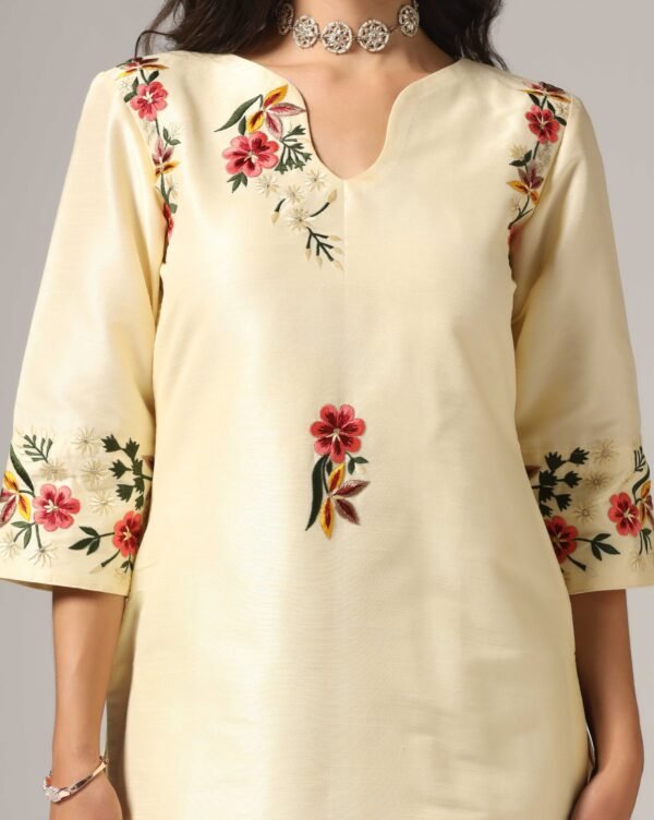 Creme Raw Silk Kurti with Pants & Dupatta - Image 11