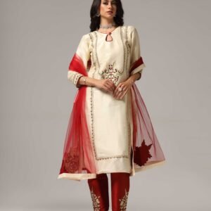Creme Raw Silk Kurti with Pants & Dupatta