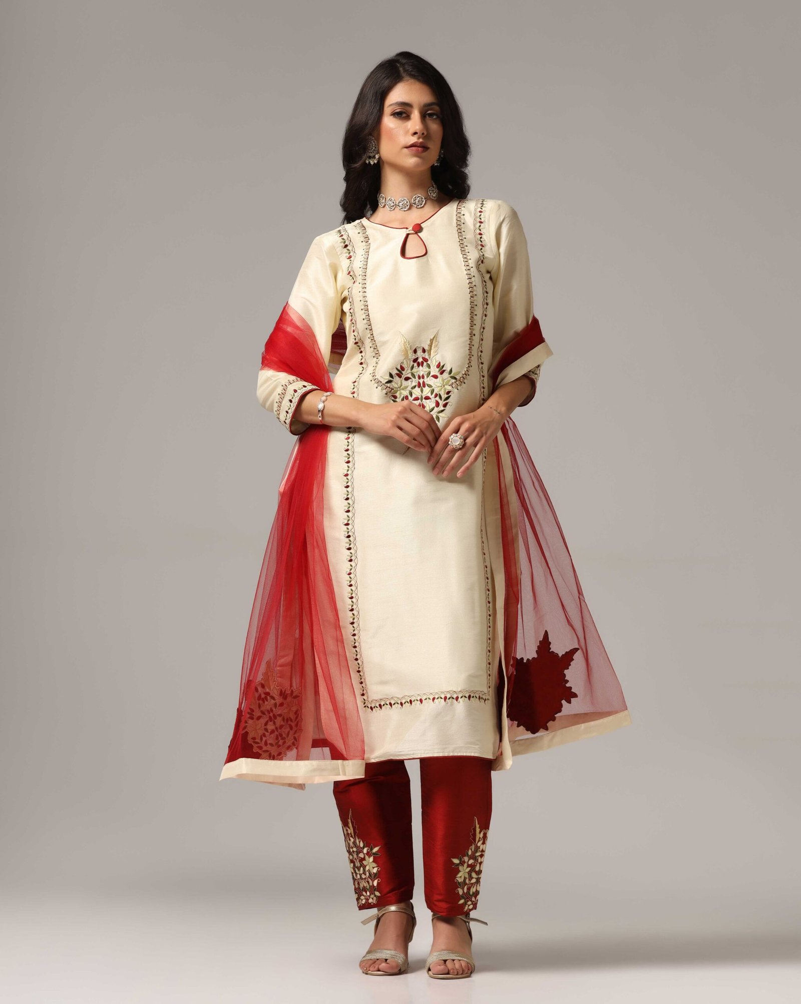 Creme Raw Silk Kurti with Pants & Dupatta
