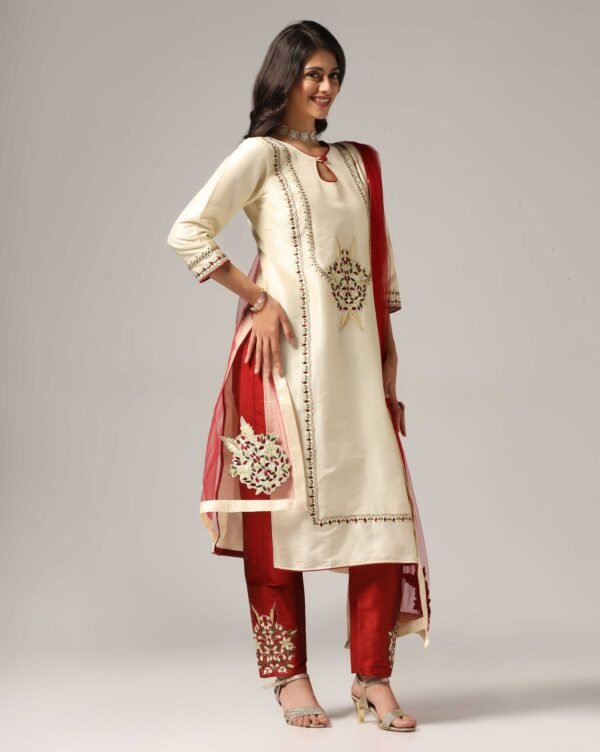 Creme Raw Silk Kurti with Pants & Dupatta - Image 2