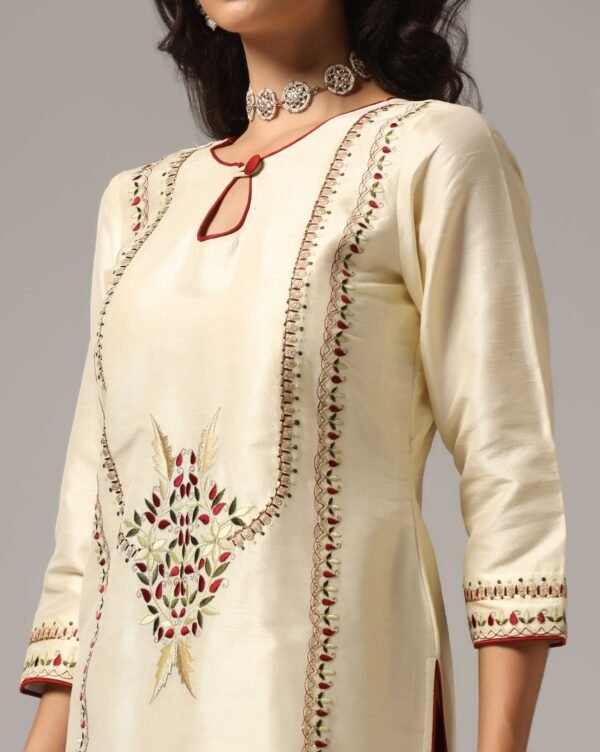 Creme Raw Silk Kurti with Pants & Dupatta - Image 3