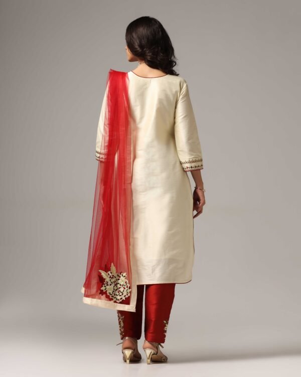 Creme Raw Silk Kurti with Pants & Dupatta - Image 4