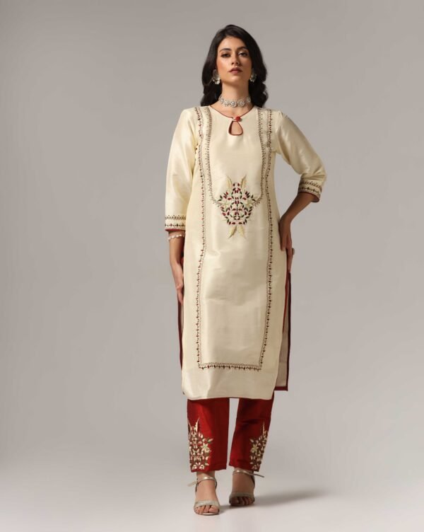 Creme Raw Silk Kurti with Pants & Dupatta - Image 9