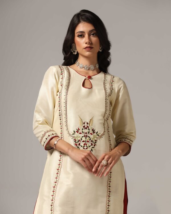Creme Raw Silk Kurti with Pants & Dupatta - Image 10