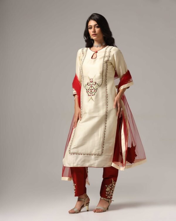 Creme Raw Silk Kurti with Pants & Dupatta - Image 11