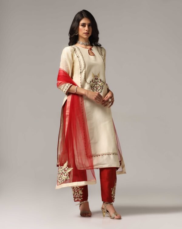 Creme Raw Silk Kurti with Pants & Dupatta - Image 12