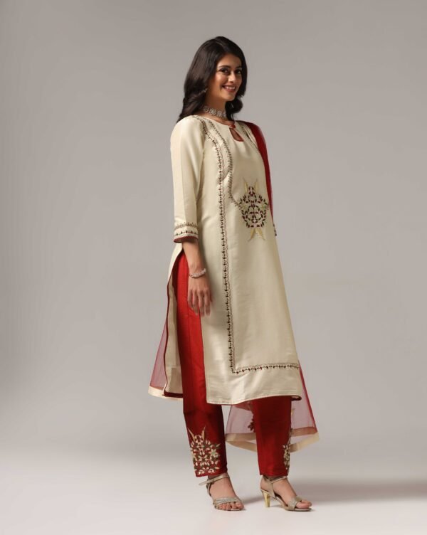 Creme Raw Silk Kurti with Pants & Dupatta - Image 13