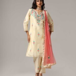 Creme Raw Silk Ari Embroidered Kurti with Pants & Dupatta