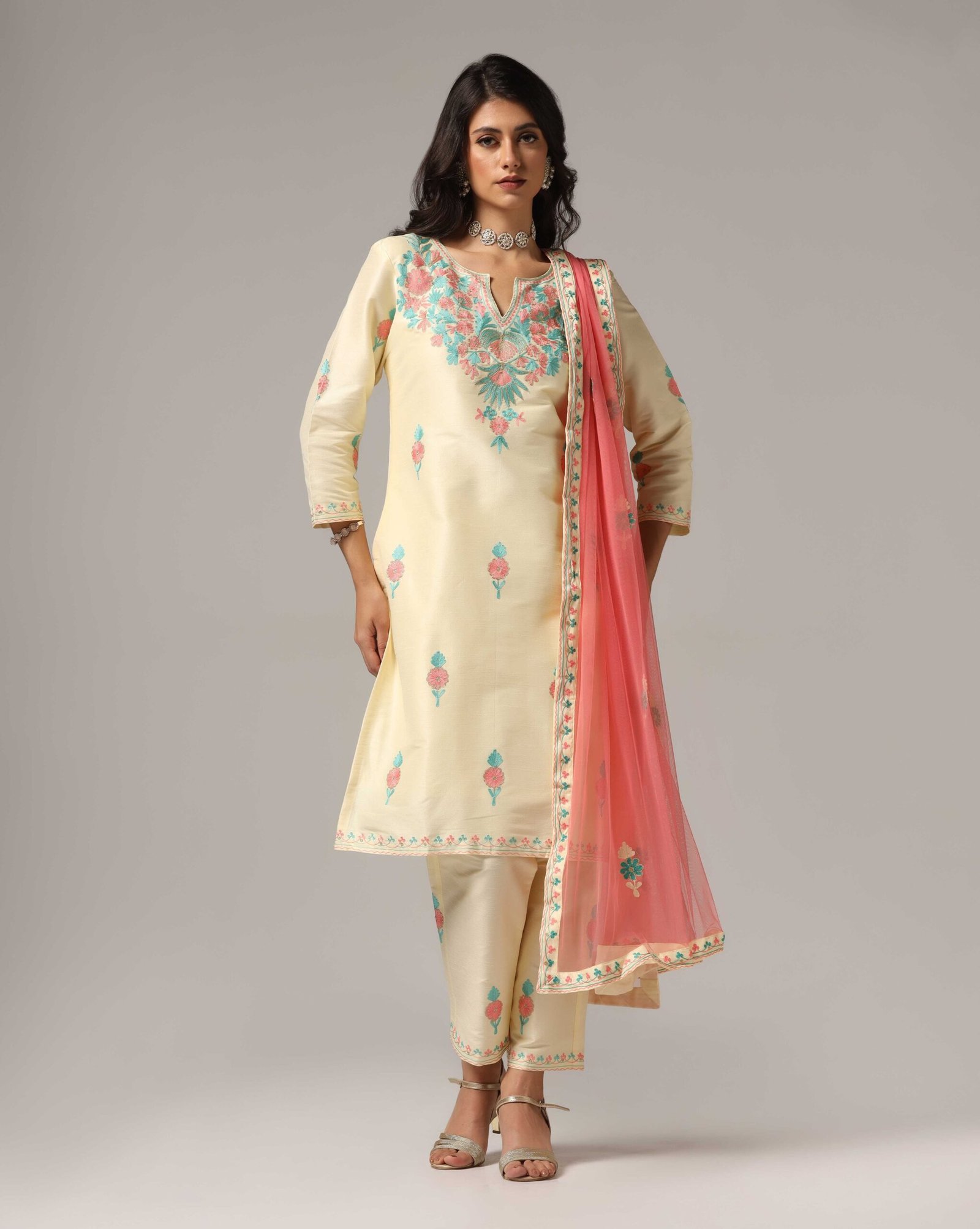 Creme Raw Silk Ari Embroidered Kurti with Pants & Dupatta