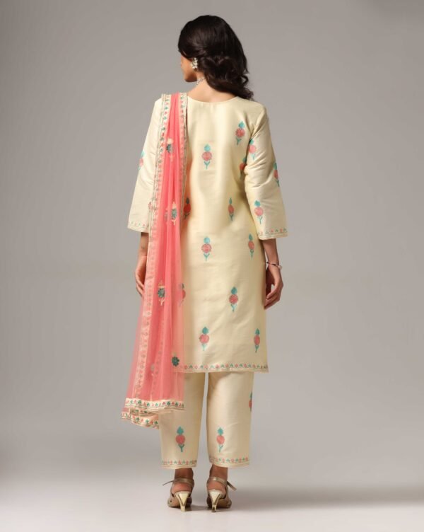 Creme Raw Silk Ari Embroidered Kurti with Pants & Dupatta - Image 8