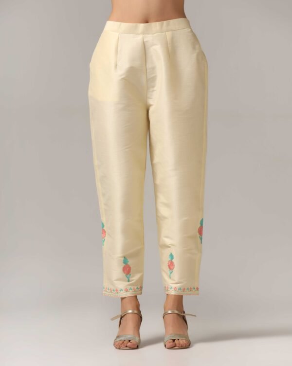 Creme Raw Silk Ari Embroidered Kurti with Pants & Dupatta - Image 6