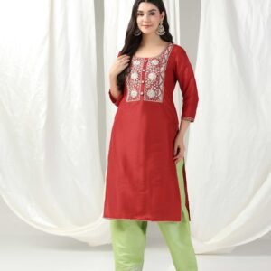 Pret a Porter Red Raw Silk Embroidered Kurti Set