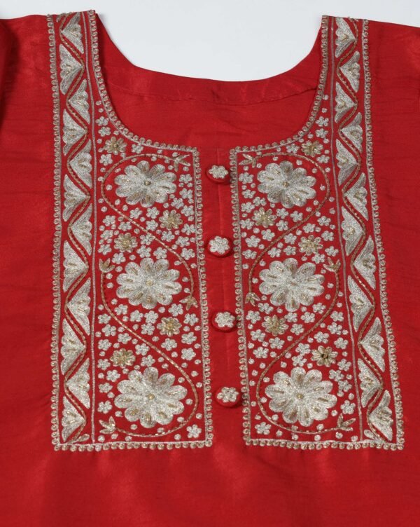 Pret a Porter Red Raw Silk Embroidered Kurti Set - Image 12
