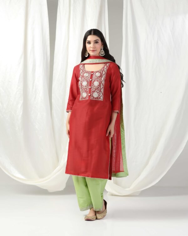 Pret a Porter Red Raw Silk Embroidered Kurti Set - Image 2