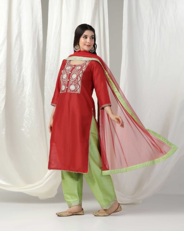 Pret a Porter Red Raw Silk Embroidered Kurti Set - Image 3