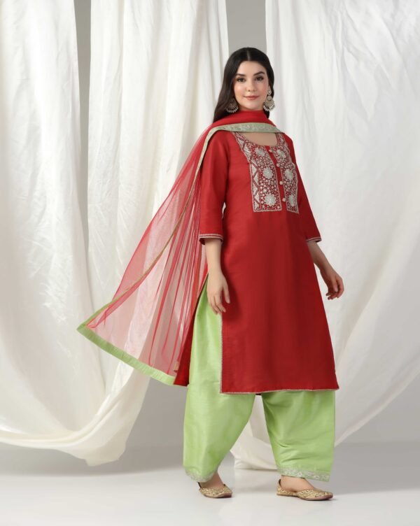 Pret a Porter Red Raw Silk Embroidered Kurti Set - Image 4