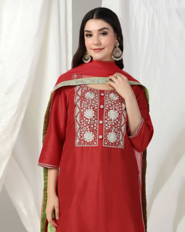 Pret a Porter Red Raw Silk Embroidered Kurti Set - Image 5