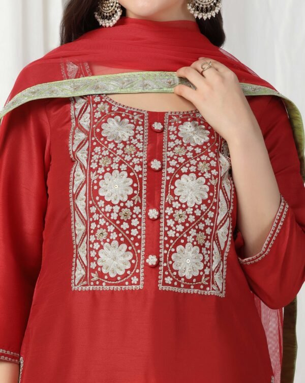 Pret a Porter Red Raw Silk Embroidered Kurti Set - Image 6