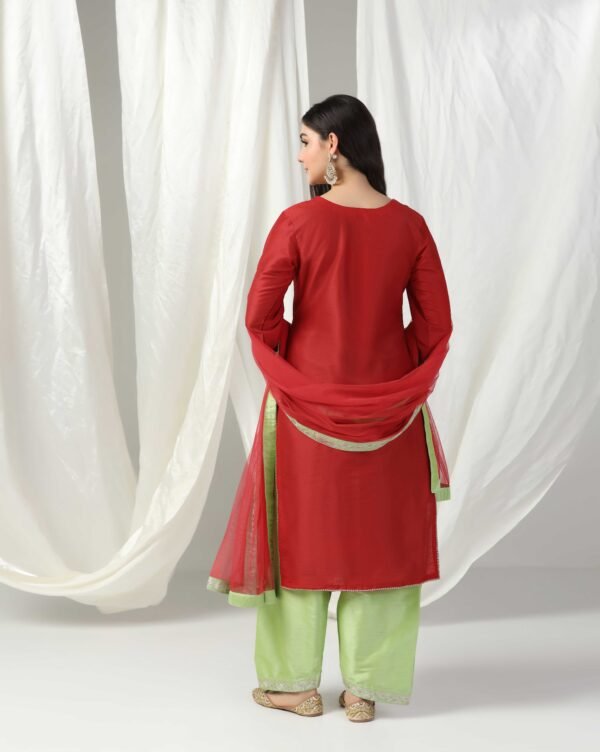 Pret a Porter Red Raw Silk Embroidered Kurti Set - Image 7