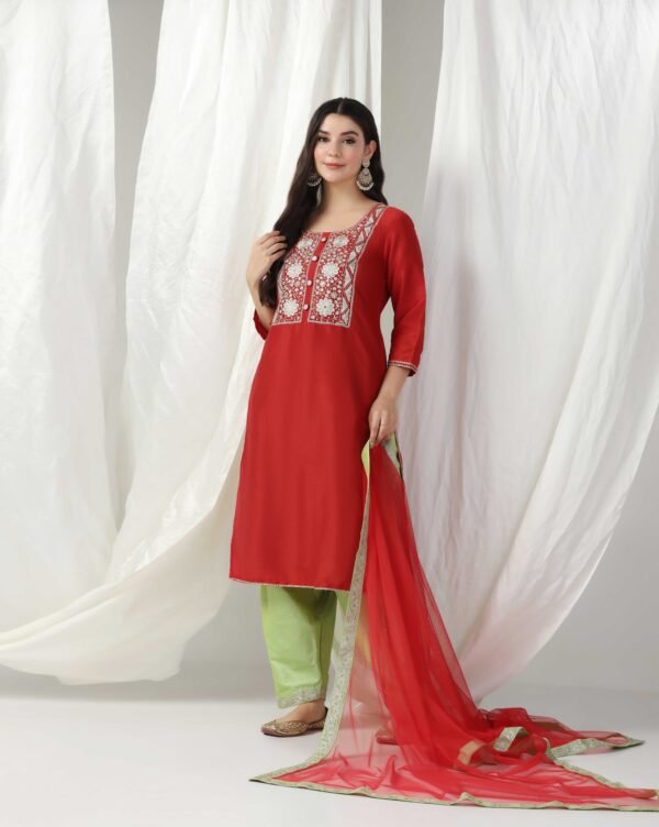 Pret a Porter Red Raw Silk Embroidered Kurti Set - Image 8