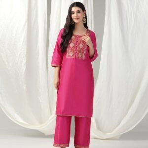 Pret a Porter Fuchsia Raw Silk Embroidered Kurti Set
