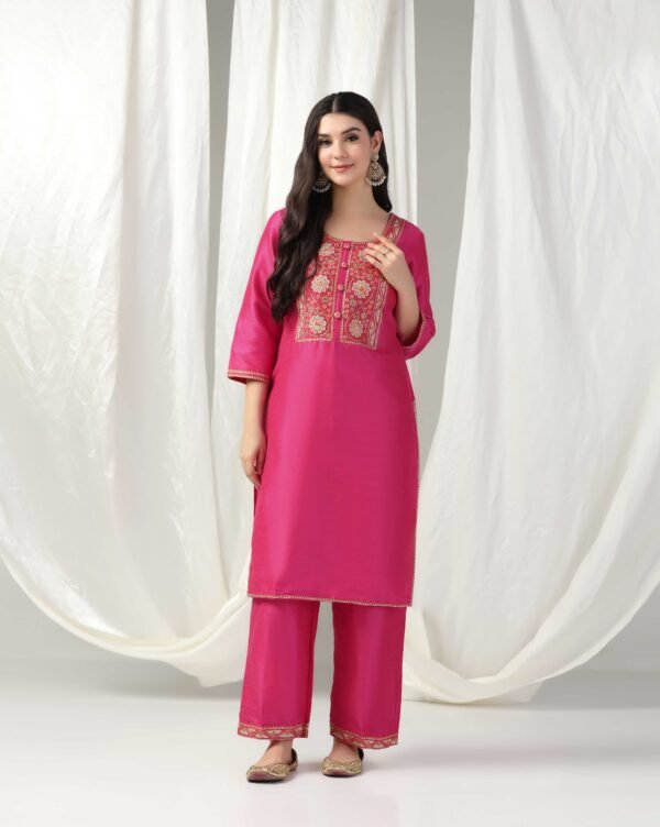 Pret a Porter Fuchsia Raw Silk Embroidered Kurti Set