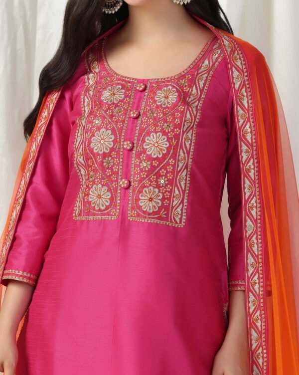 Pret a Porter Fuchsia Raw Silk Embroidered Kurti Set - Image 10