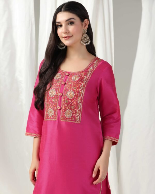 Pret a Porter Fuchsia Raw Silk Embroidered Kurti Set - Image 2