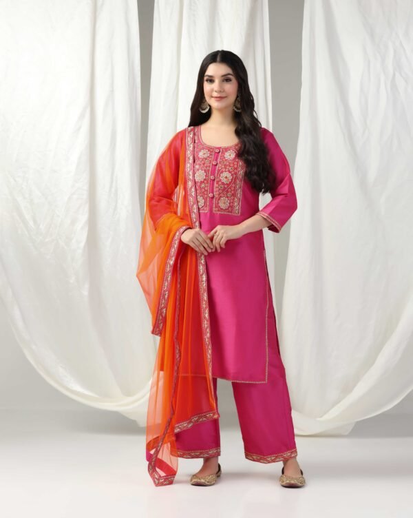 Pret a Porter Fuchsia Raw Silk Embroidered Kurti Set - Image 3