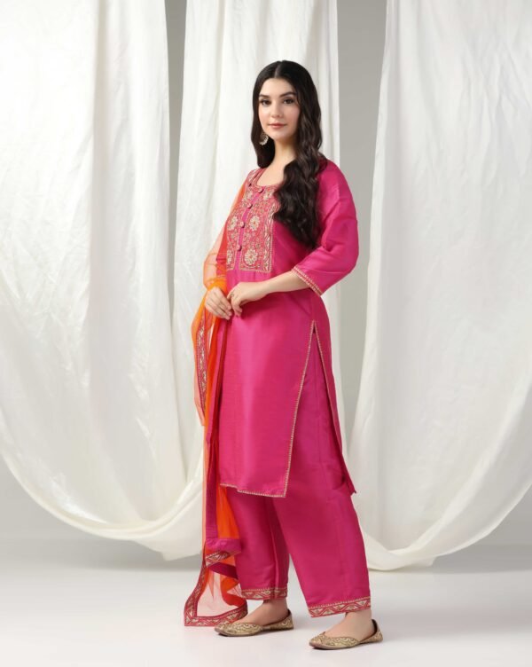 Pret a Porter Fuchsia Raw Silk Embroidered Kurti Set - Image 4