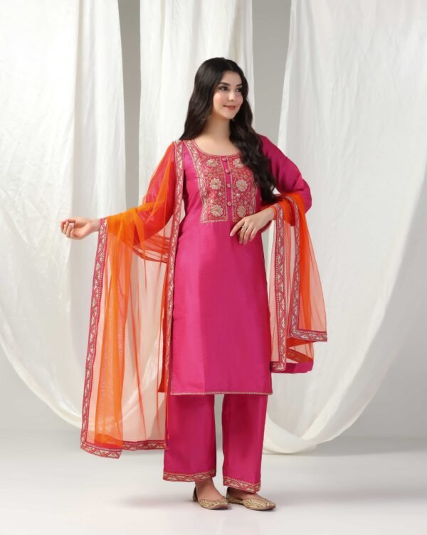 Pret a Porter Fuchsia Raw Silk Embroidered Kurti Set - Image 5