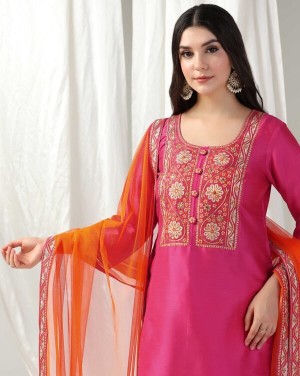 Pret a Porter Fuchsia Raw Silk Embroidered Kurti Set - Image 6