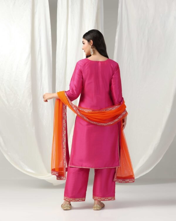 Pret a Porter Fuchsia Raw Silk Embroidered Kurti Set - Image 7