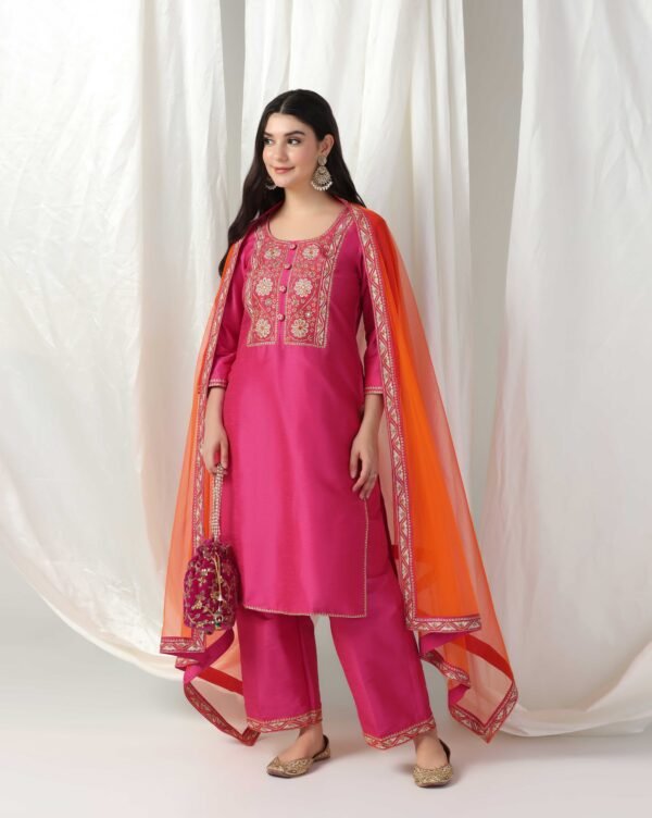 Pret a Porter Fuchsia Raw Silk Embroidered Kurti Set - Image 8