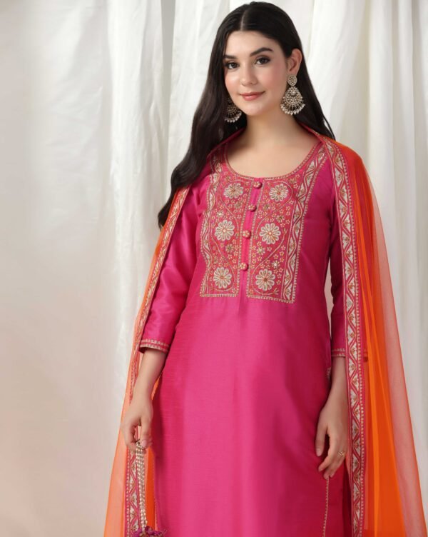 Pret a Porter Fuchsia Raw Silk Embroidered Kurti Set - Image 9