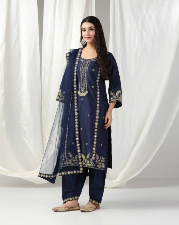 Pret a Porter Blue Raw Silk Hand-Embroidered Suit - Image 3