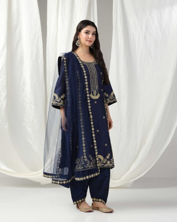 Pret a Porter Blue Raw Silk Hand-Embroidered Suit - Image 4