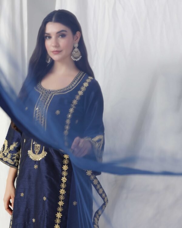 Pret a Porter Blue Raw Silk Hand-Embroidered Suit - Image 7