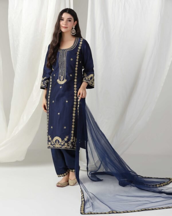 Pret a Porter Blue Raw Silk Hand-Embroidered Suit - Image 8