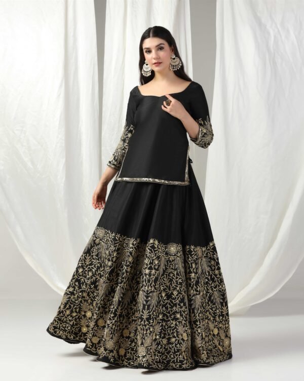 Pret a Porter Designer Black Raw Silk Lehenga Set - Image 2