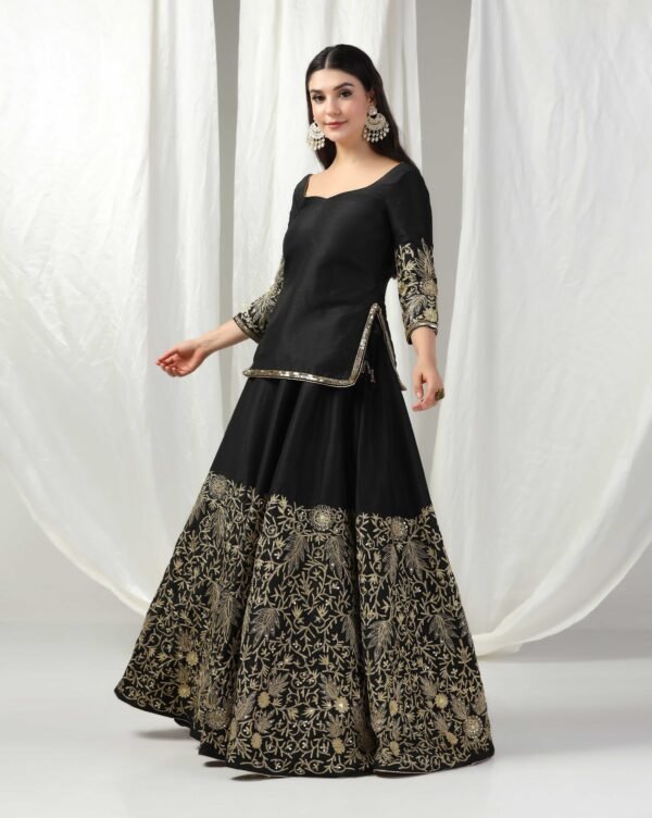 Pret a Porter Designer Black Raw Silk Lehenga Set - Image 3