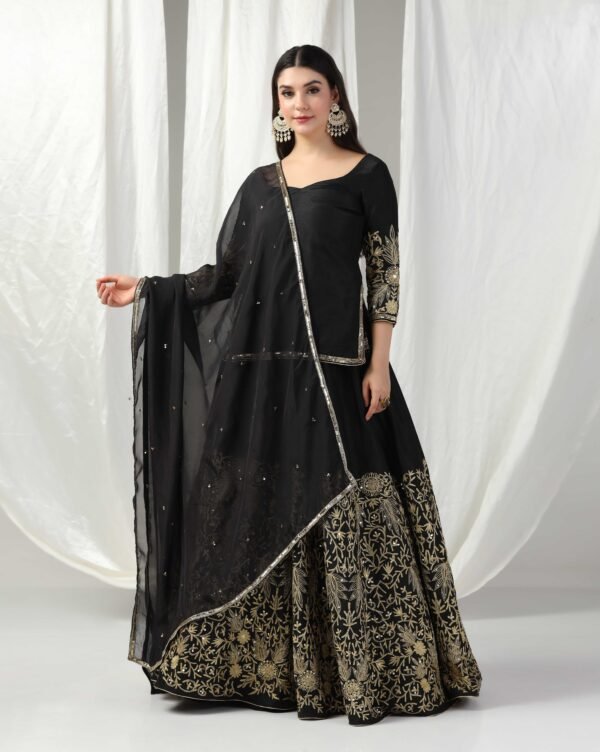 Pret a Porter Designer Black Raw Silk Lehenga Set - Image 4