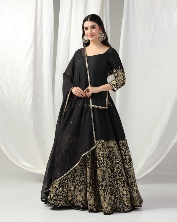 Pret a Porter Designer Black Raw Silk Lehenga Set - Image 5